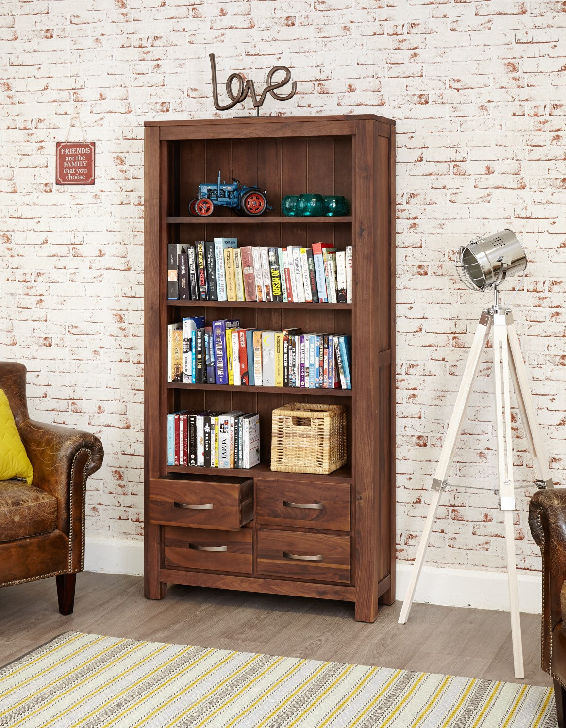 Solid Walnut Large Bookcase With 4 Drawer Base Dark Wood Finish