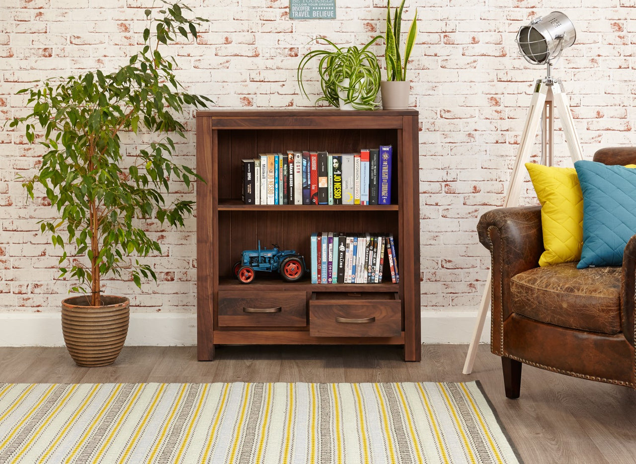 Walnut Small Low Bookcase With 2 Drawers 1 Shelf Dark Wood Finish