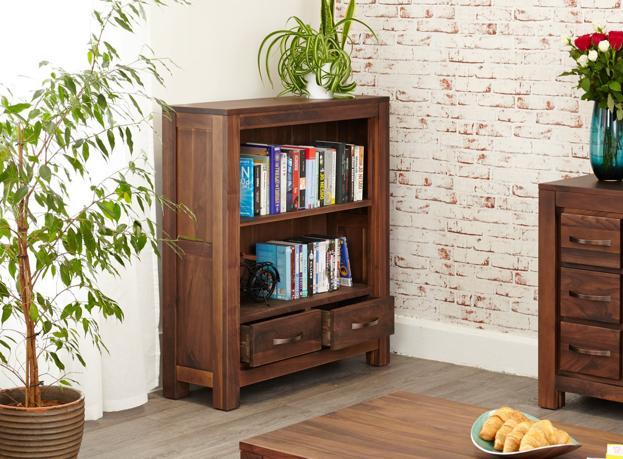 Walnut Small Low Bookcase With 2 Drawers 1 Shelf Dark Wood Finish