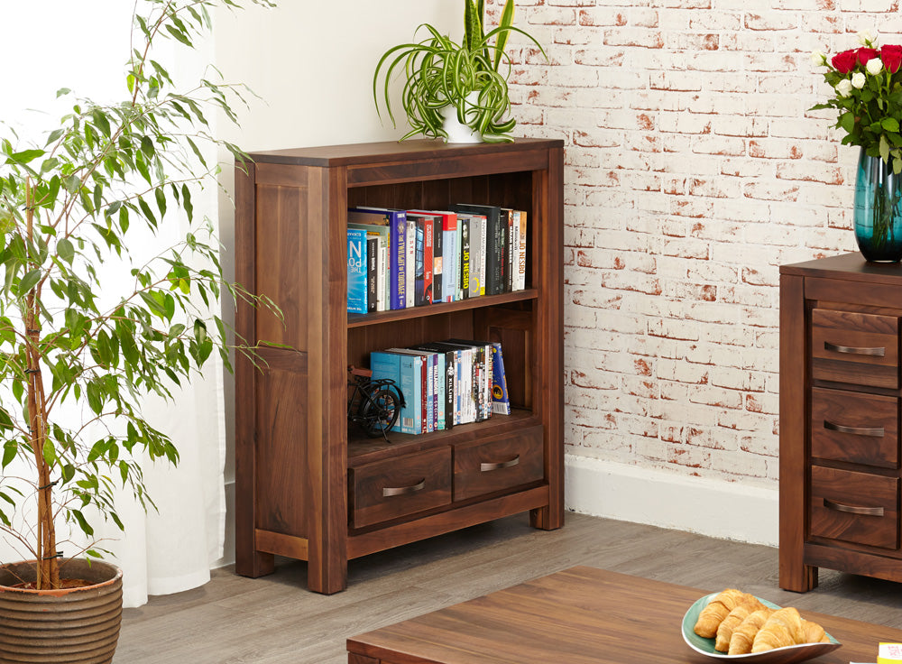 Walnut Small Low Bookcase With 2 Drawers 1 Shelf Dark Wood Finish