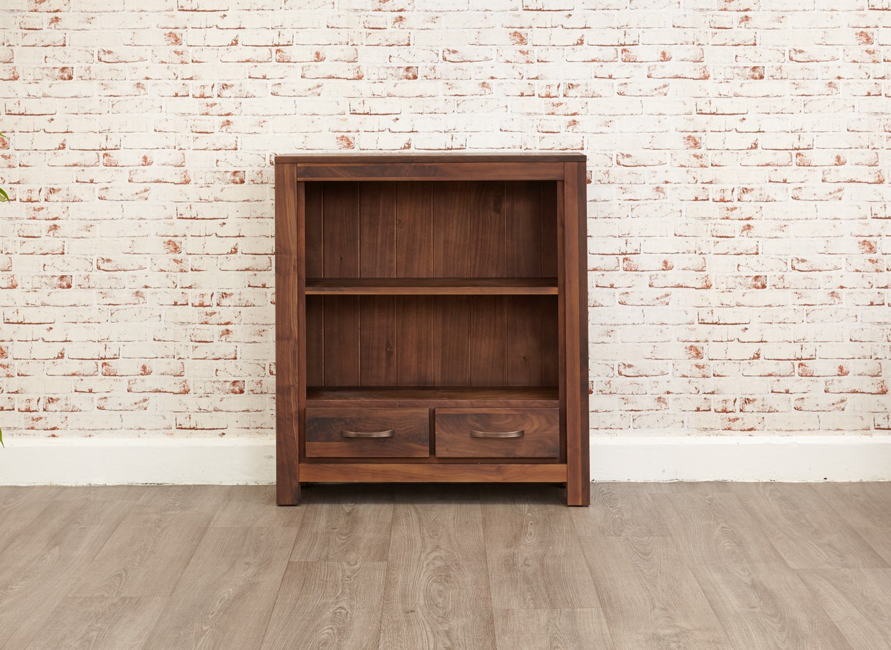 Walnut Small Low Bookcase With 2 Drawers 1 Shelf Dark Wood Finish