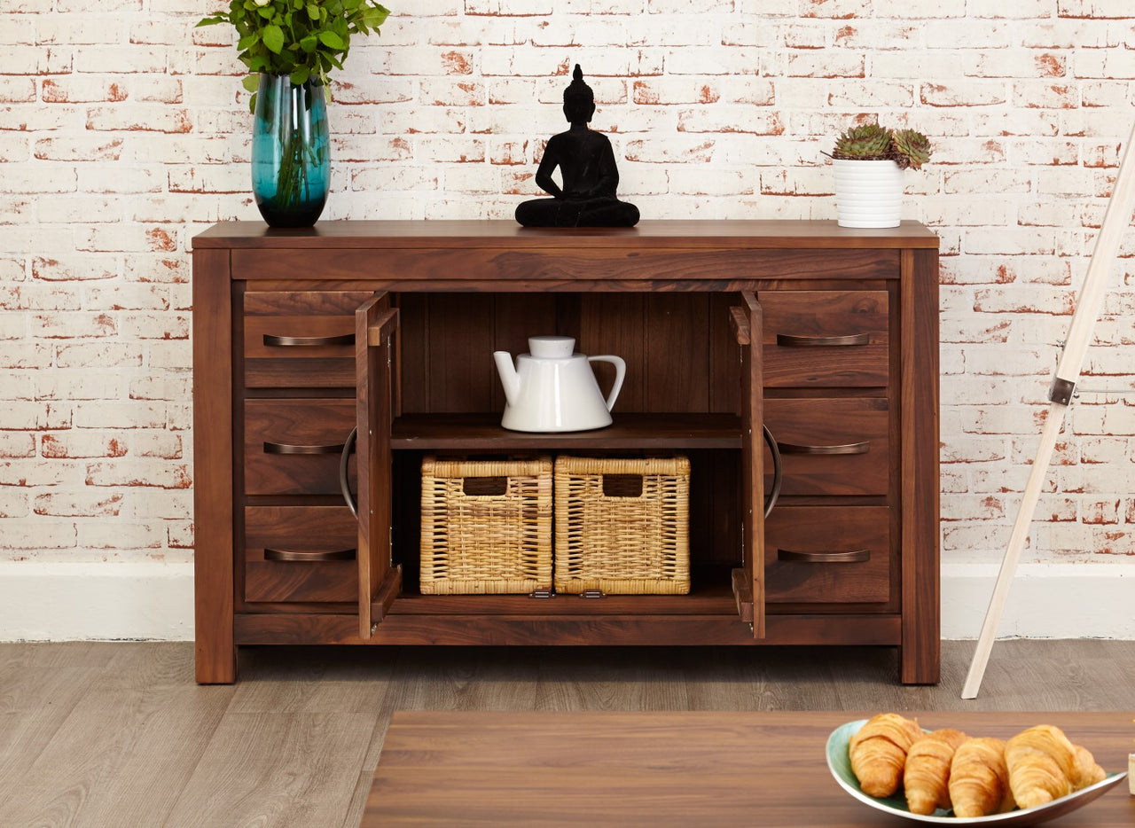 Dark Wood Walnut 125cm Wide Storage Sideboard