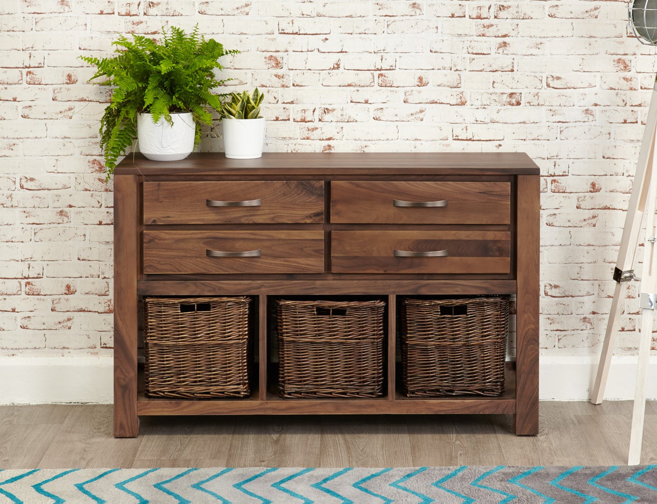 Dark Wood Walnut Console Table 4 Drawers 3 Storage Baskets