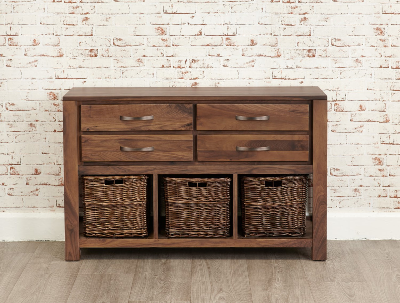 Dark Wood Walnut Console Table 4 Drawers 3 Storage Baskets