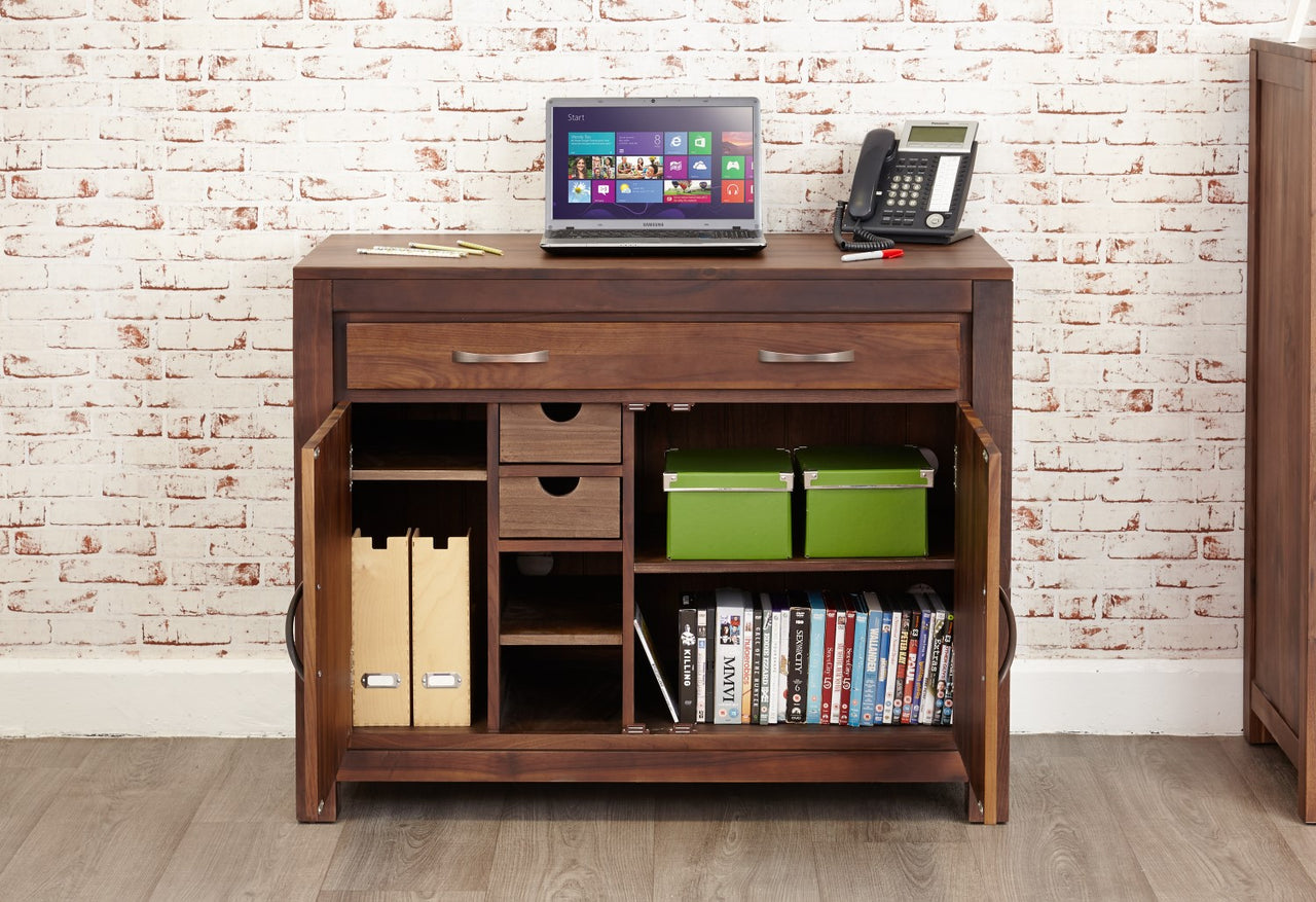 Walnut Hidden Home Office Storage Cupboard Work Station With Keyboard Drawer