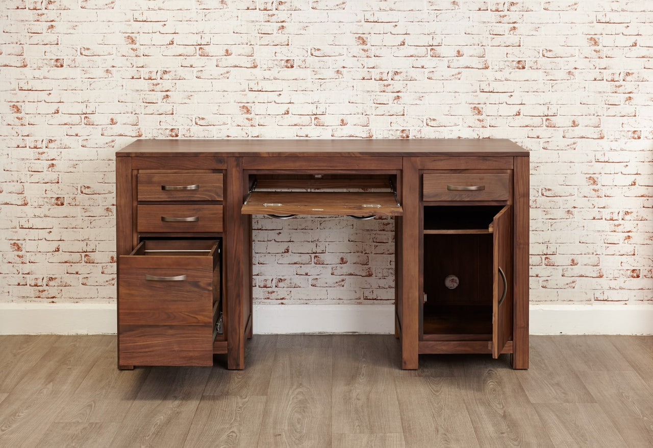 Walnut Dark Wood Twin Pedestal Computer Desk