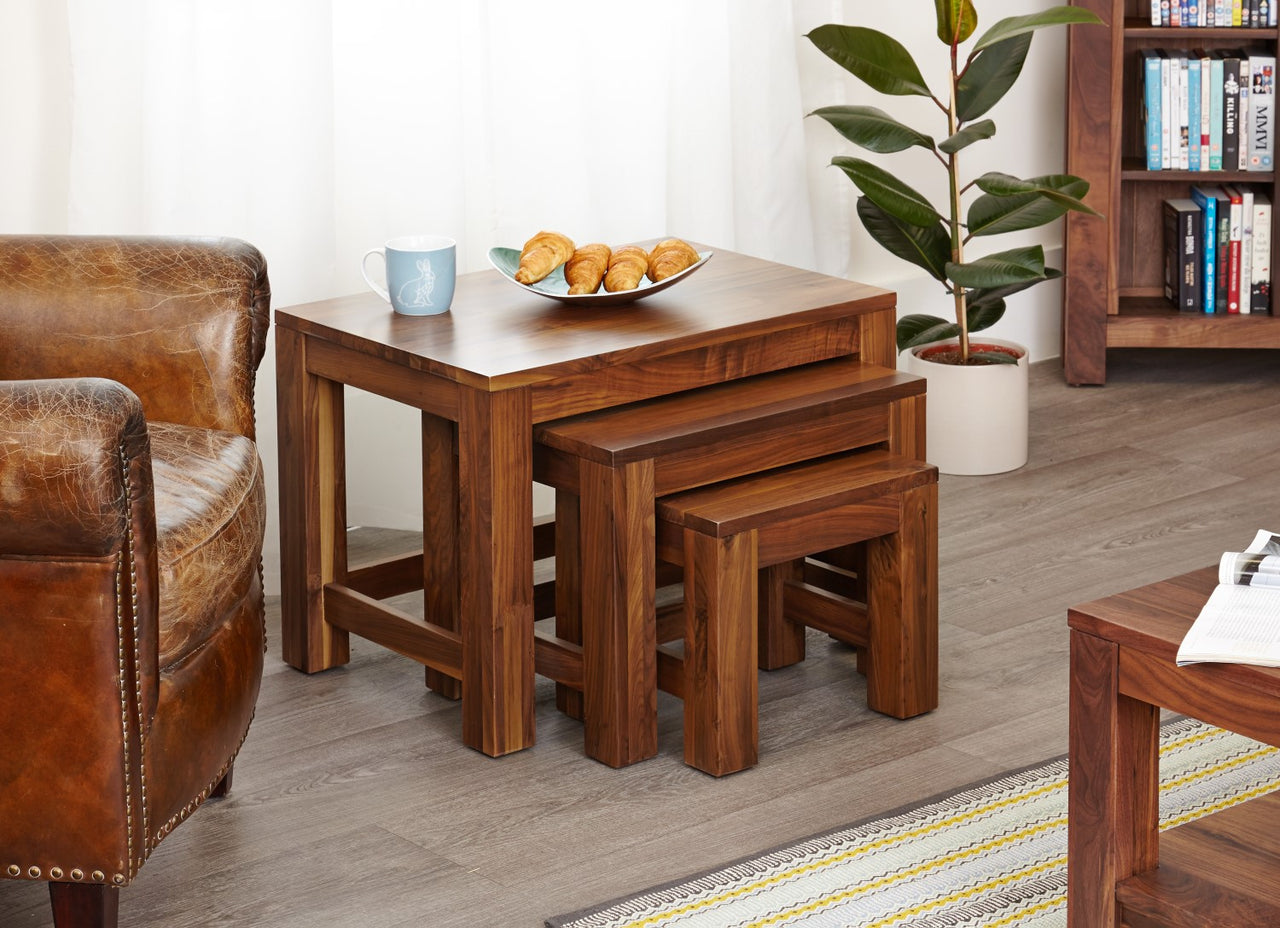 Solid Walnut Nest of 3 Coffee Tables in Dark Wood Finish Square Legs