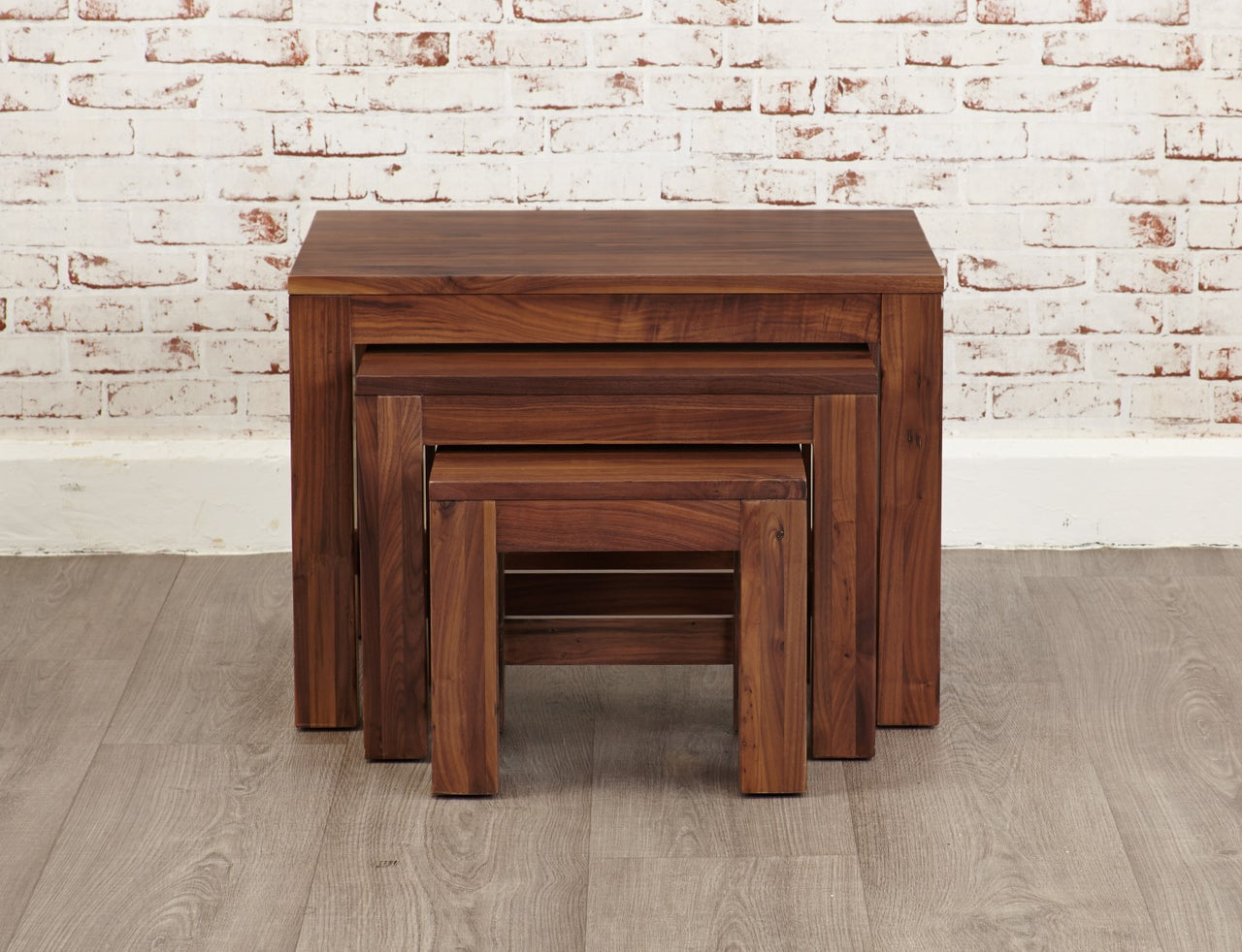 Solid Walnut Nest of 3 Coffee Tables in Dark Wood Finish Square Legs