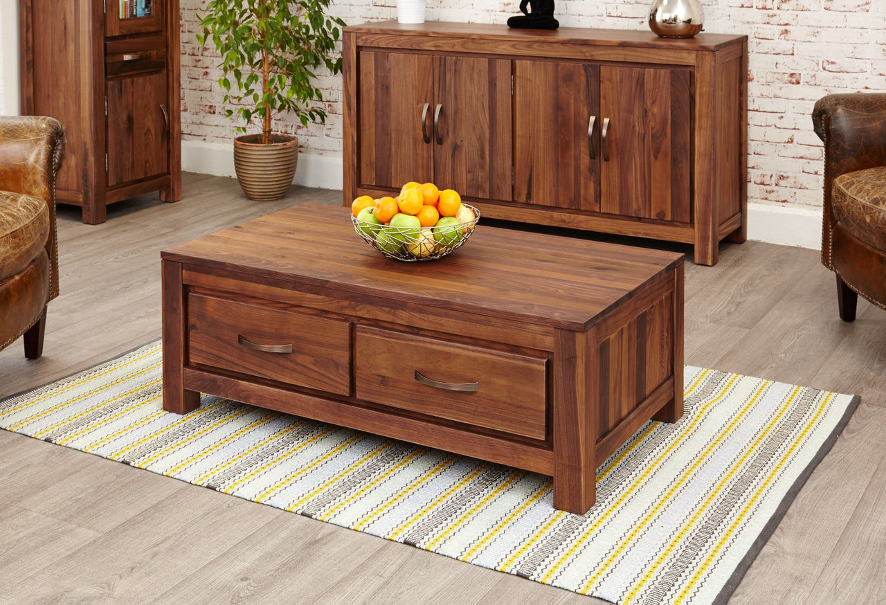 Dark Walnut Wood 4 Drawer Low Rectangular Coffee Table