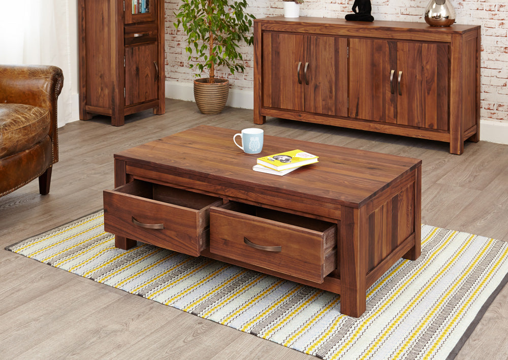 Dark Walnut Wood 4 Drawer Low Rectangular Coffee Table