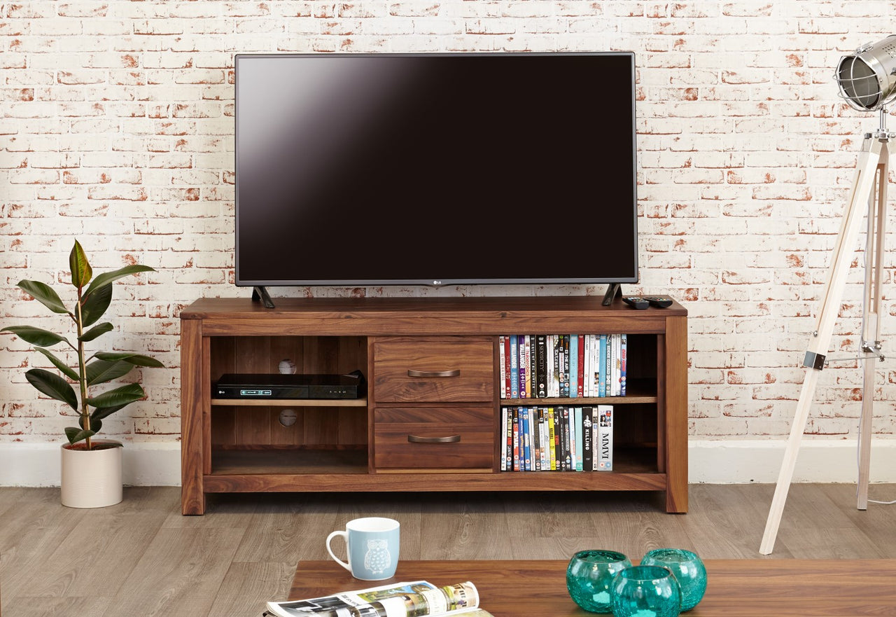 Solid Walnut Widescreen TV Cabinet with 2 Drawers 4 Open Shelves