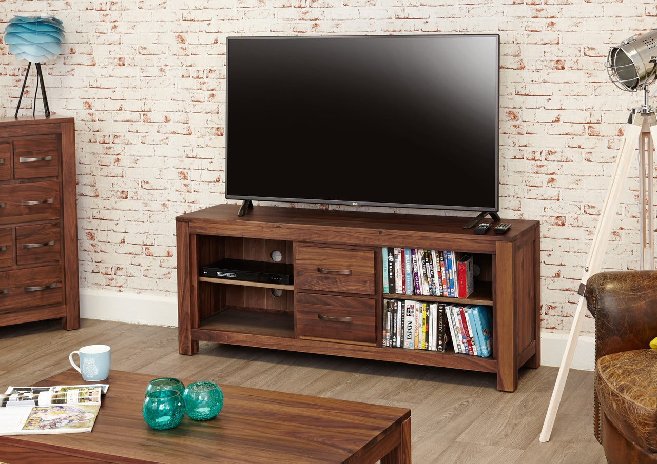 Solid Walnut Widescreen TV Cabinet with 2 Drawers 4 Open Shelves