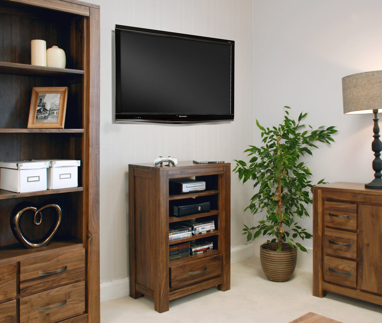 Solid Walnut HiFi Media Storage Display Unit Dark Wood Finish