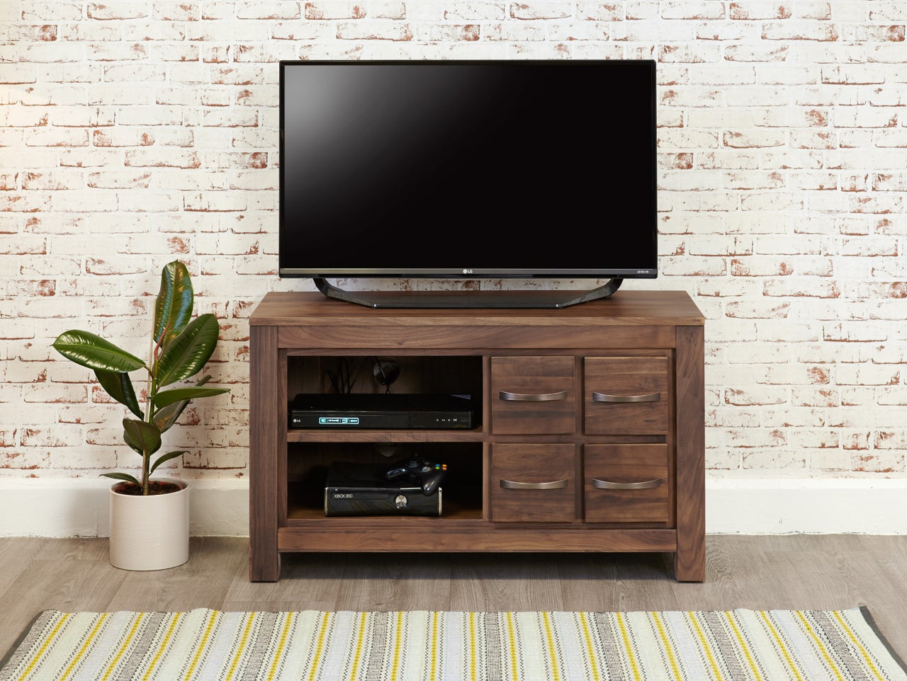 Walnut Wide Screen TV Cabinet 4 Drawers Dark Wood Finish