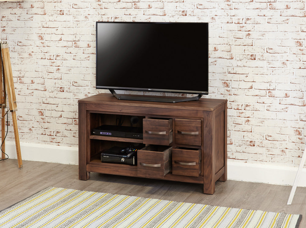 Walnut Wide Screen TV Cabinet 4 Drawers Dark Wood Finish