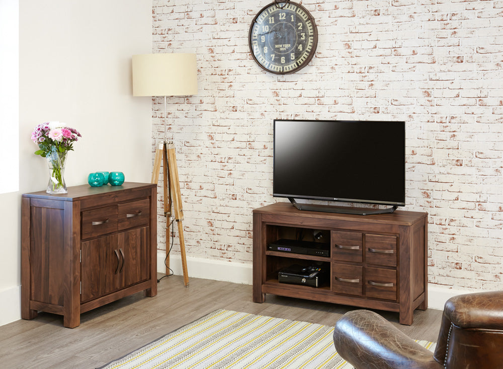 Walnut Wide Screen TV Cabinet 4 Drawers Dark Wood Finish