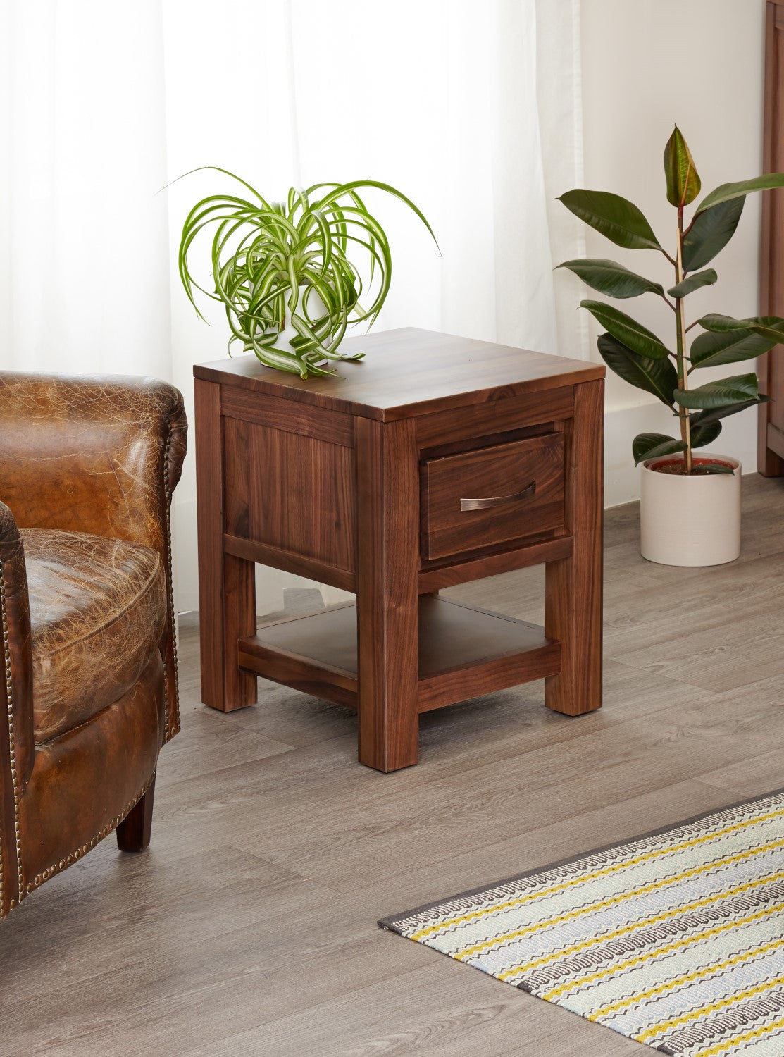 Solid Walnut Lamp Bedside Table 1 Drawer With Dark Wood Finish