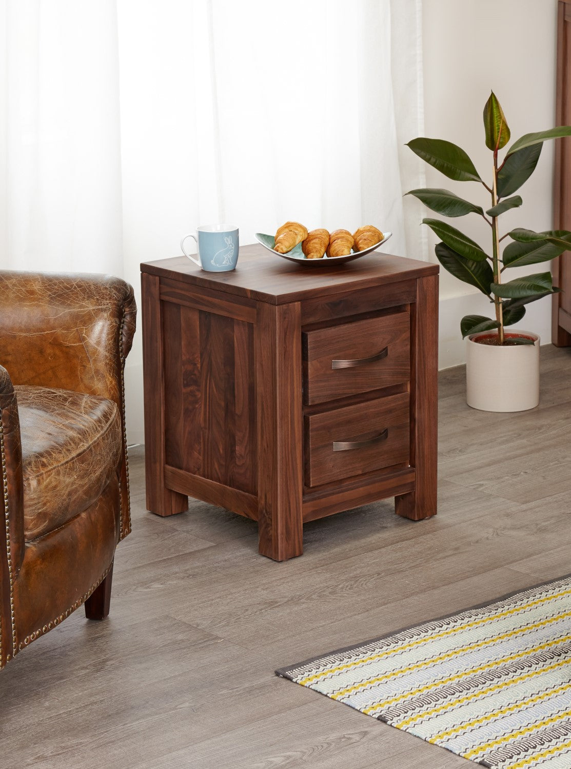 Solid Walnut Lamp Bedside Table 2 Drawers in Dark Wood Finish