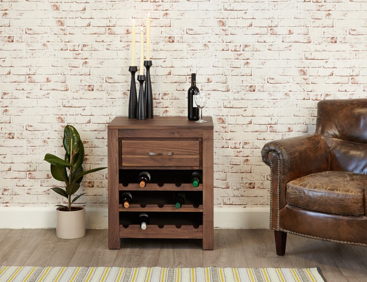 Walnut Open Wine Drinks Storage Rack With Drawer Dark Wood Finish