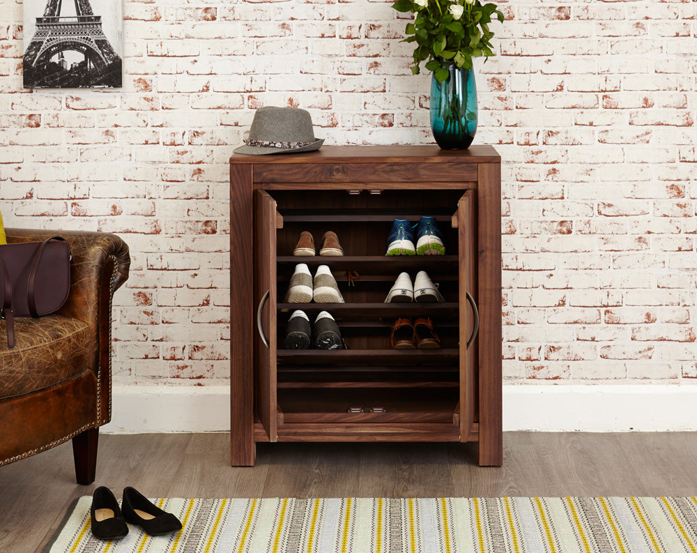 Solid Walnut Shoe Cupboard 2 Doors up to 20 Pairs Dark Wood Finish