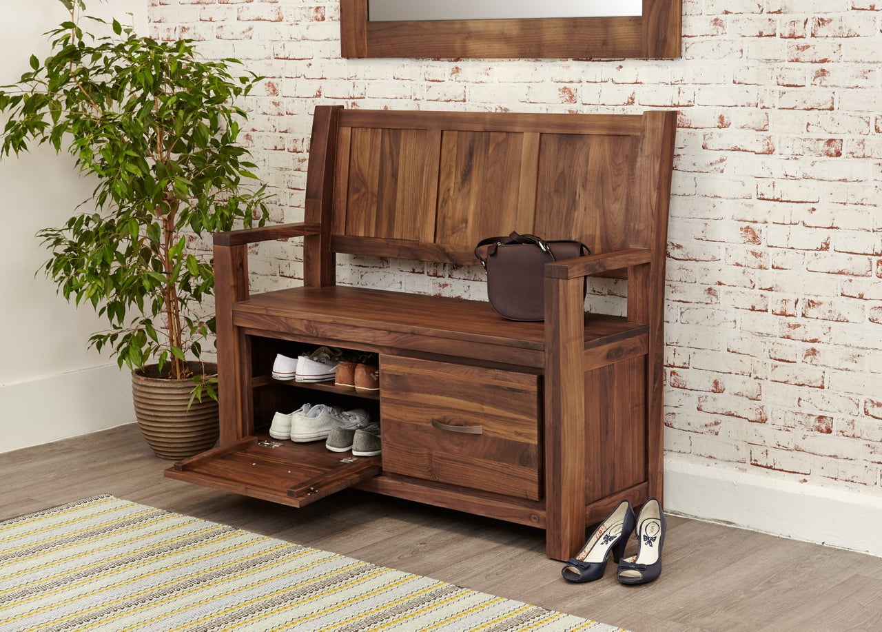 Dark Wood Solid Walnut Monks Bench Shoe Storage Cupboard Base Unit