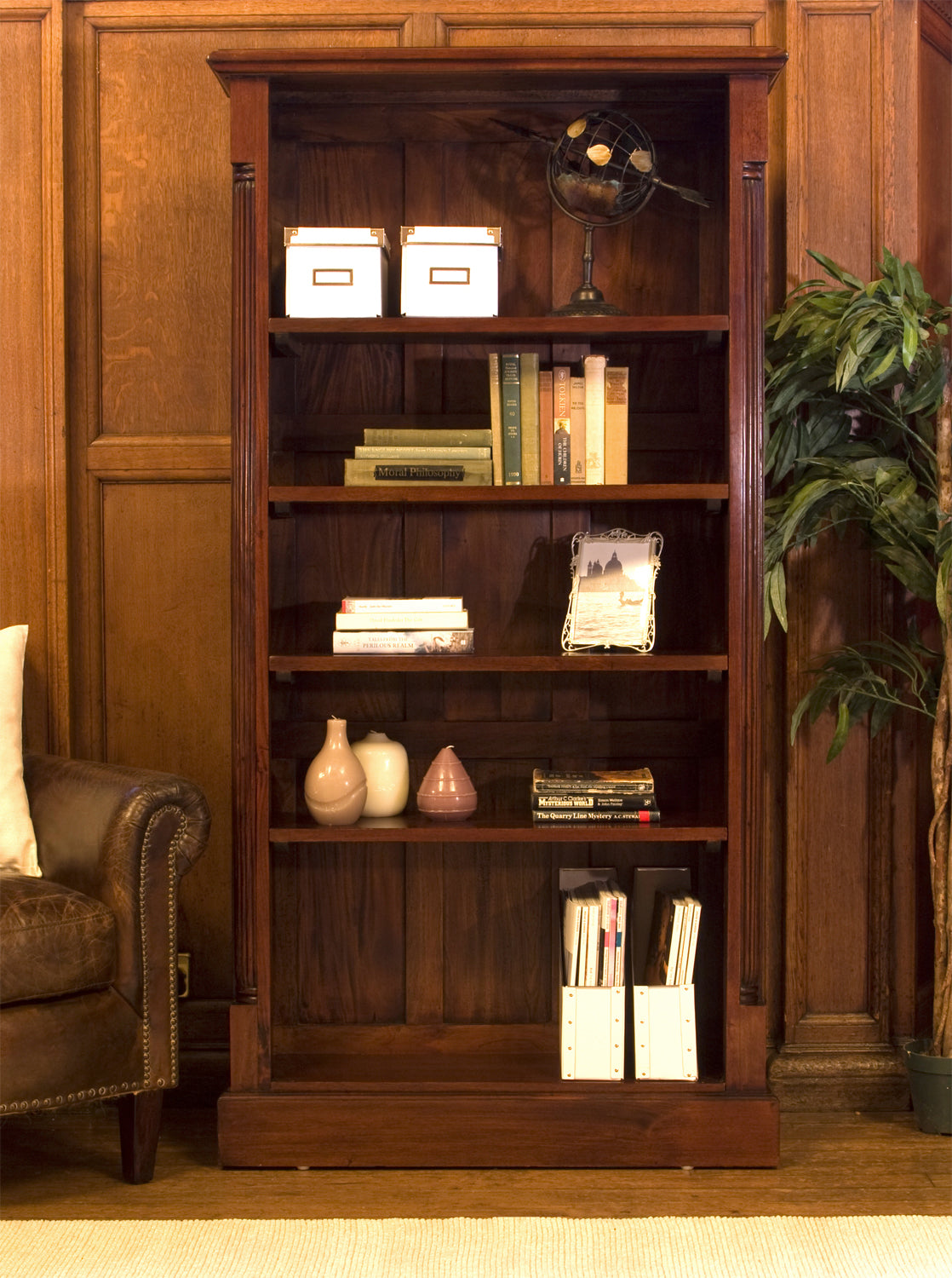 Mahogany Wood Tall Bookcase 5 Adjustable Shelves Traditional Dark Wood Finish