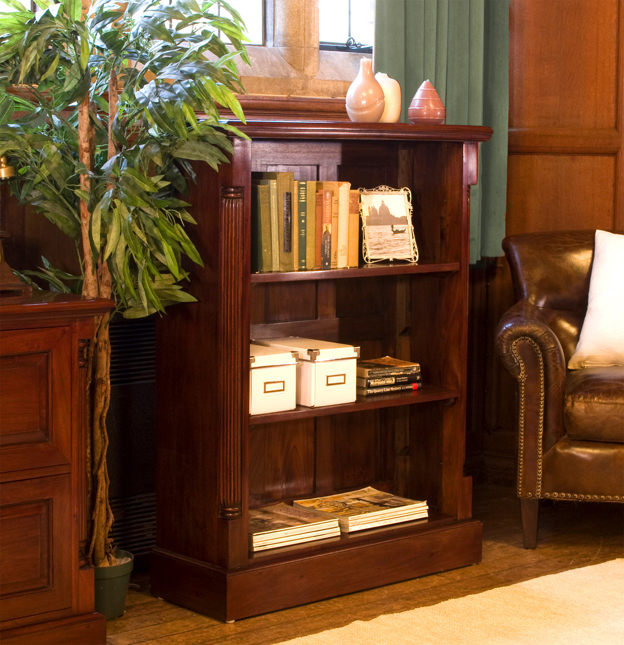 Dark Wood Mahogany Small Low Bookcase