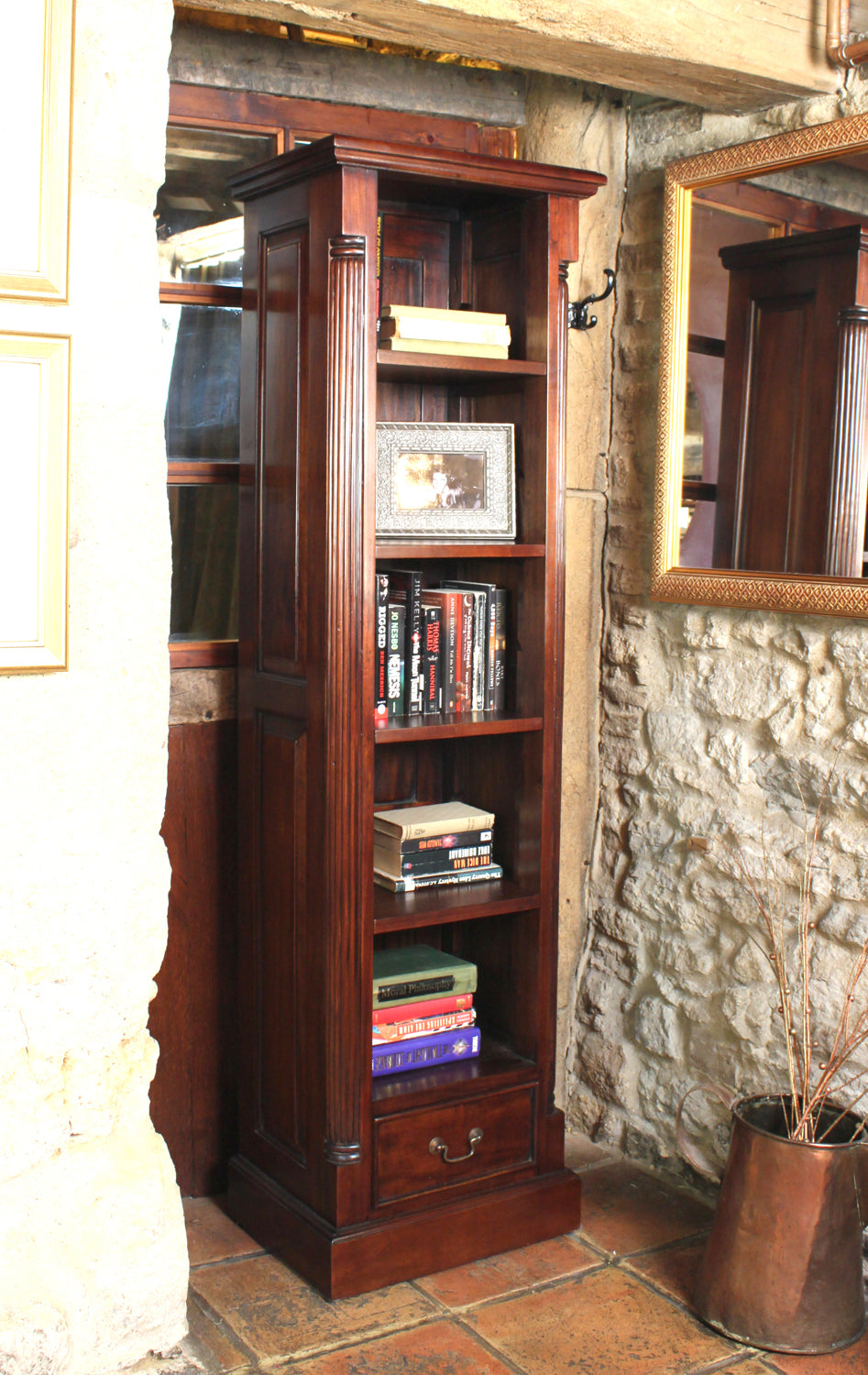 Tall Narrow Slim Alcove 1 Drawer Bookcase Mahogany Traditional Dark Wood Finish