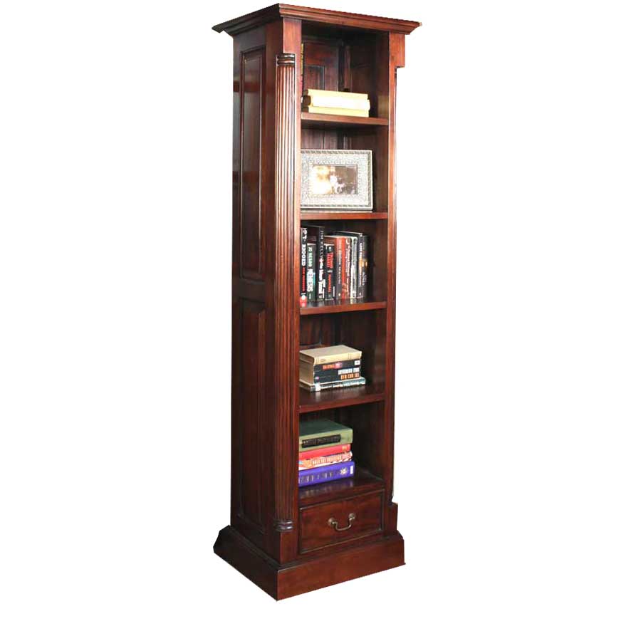 Tall Narrow Slim Alcove 1 Drawer Bookcase Mahogany Traditional Dark Wood Finish