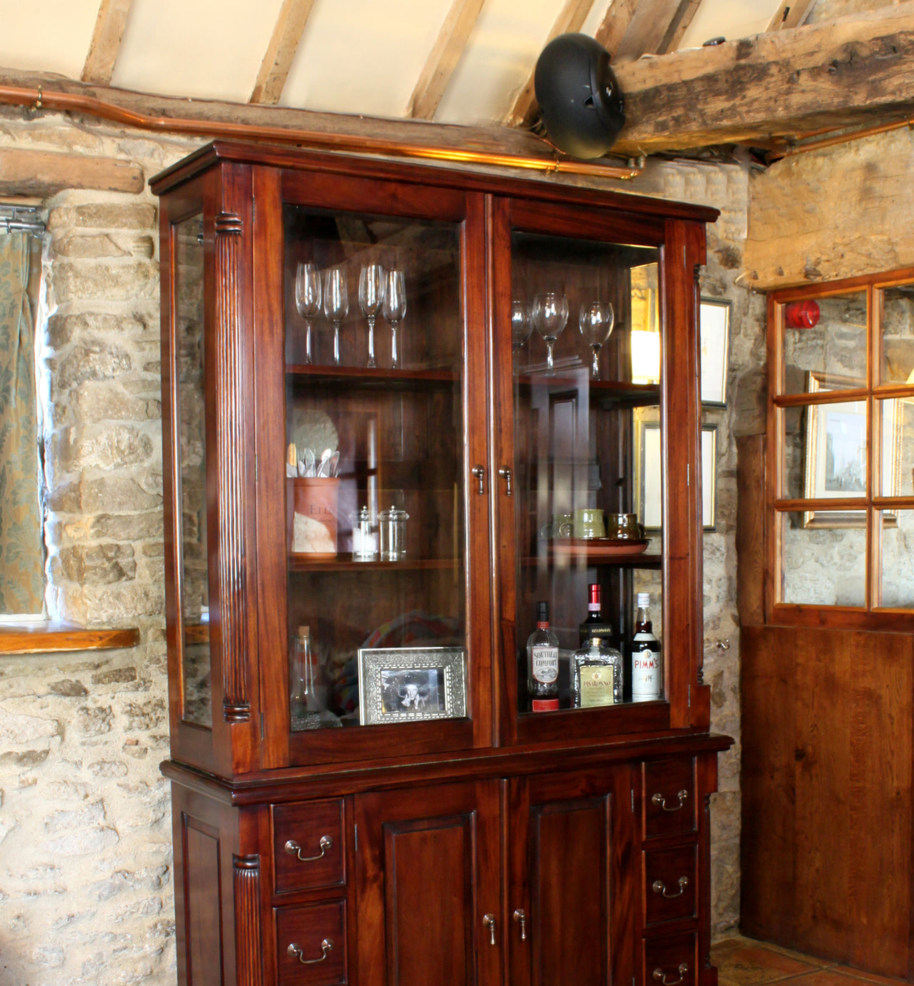 Large 2 Door Mahogany Glazed Dresser Top Hutch Traditional Dark Wood Finish