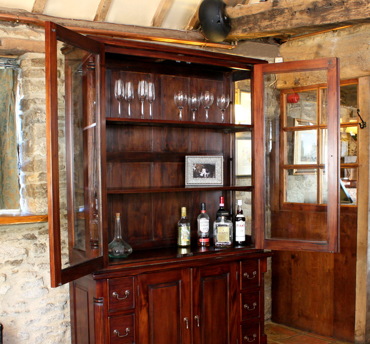 Large 2 Door Mahogany Glazed Dresser Top Hutch Traditional Dark Wood Finish