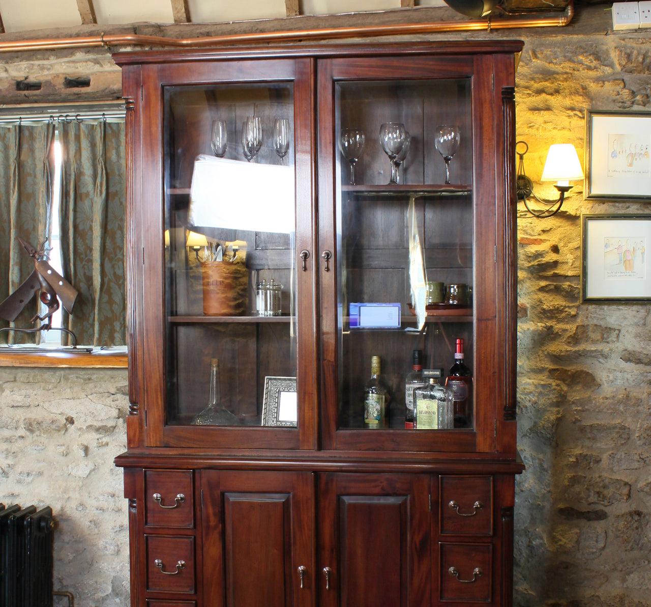 Large 2 Door Mahogany Glazed Dresser Top Hutch Traditional Dark Wood Finish