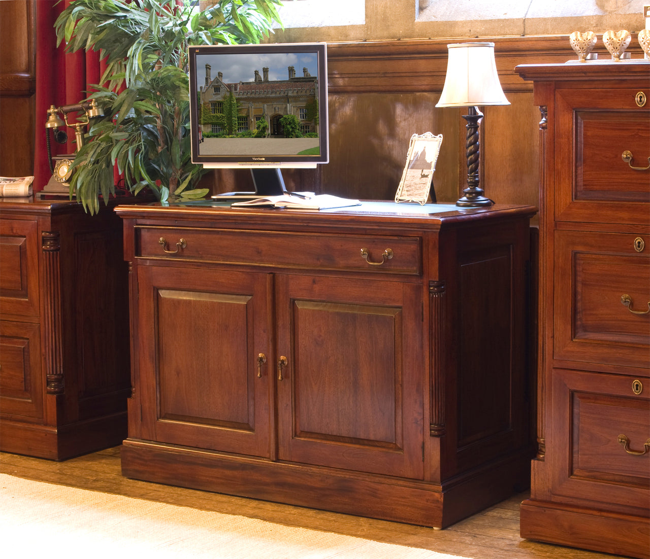 Computer Cupboard Home Office Study Desk Unit in Dark Wood Mahogany Finish