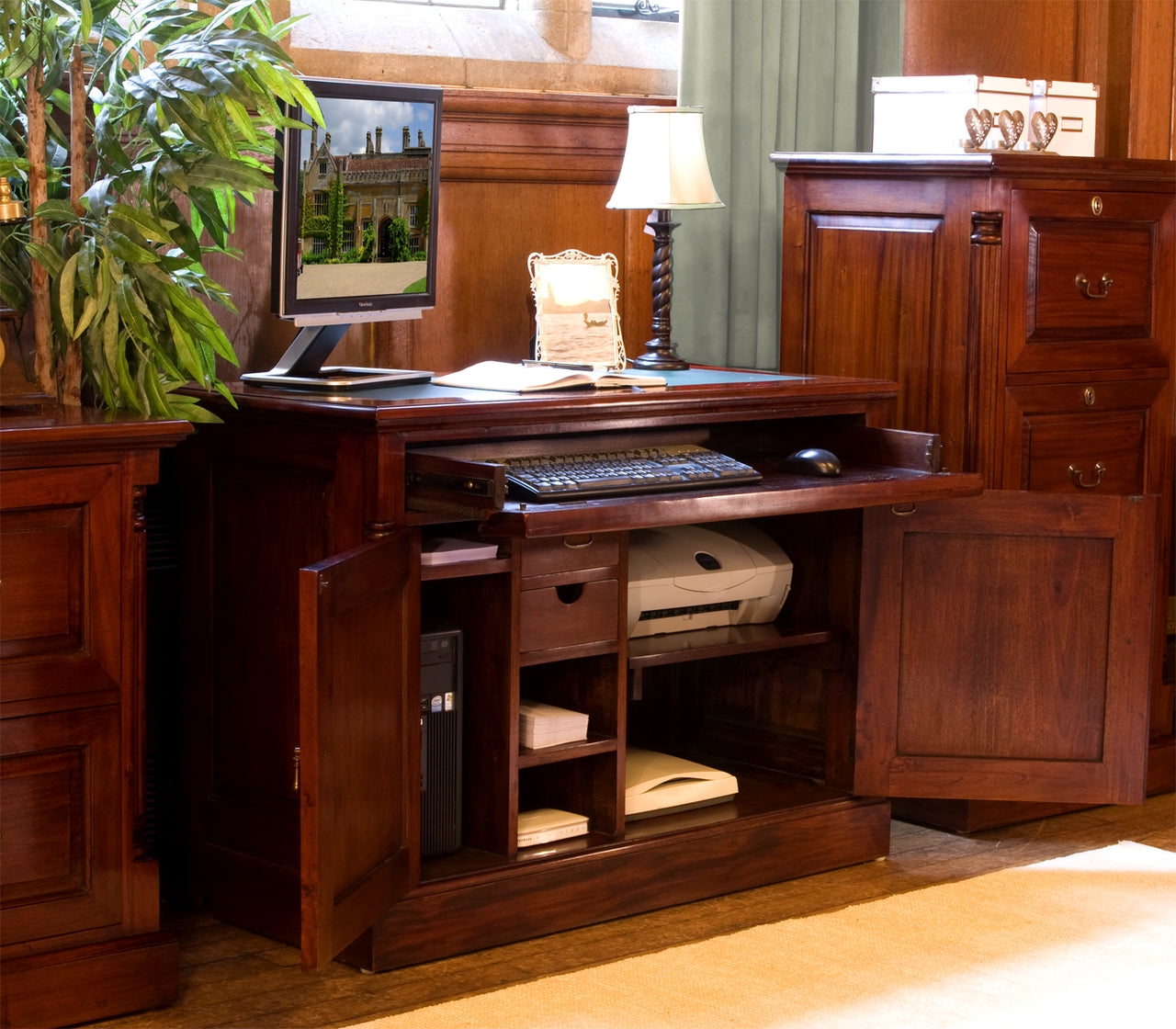 Computer Cupboard Home Office Study Desk Unit in Dark Wood Mahogany Finish