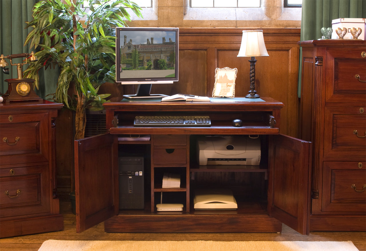 Computer Cupboard Home Office Study Desk Unit in Dark Wood Mahogany Finish