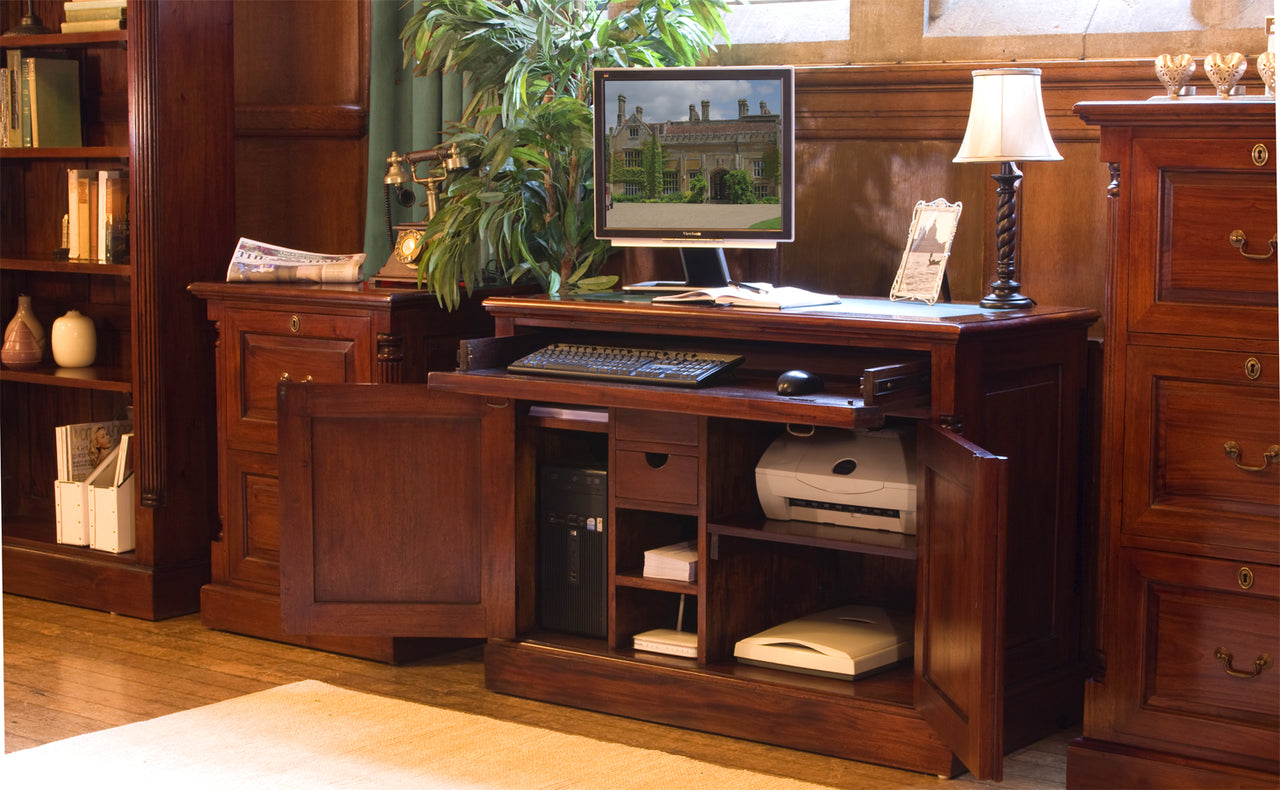 Computer Cupboard Home Office Study Desk Unit in Dark Wood Mahogany Finish