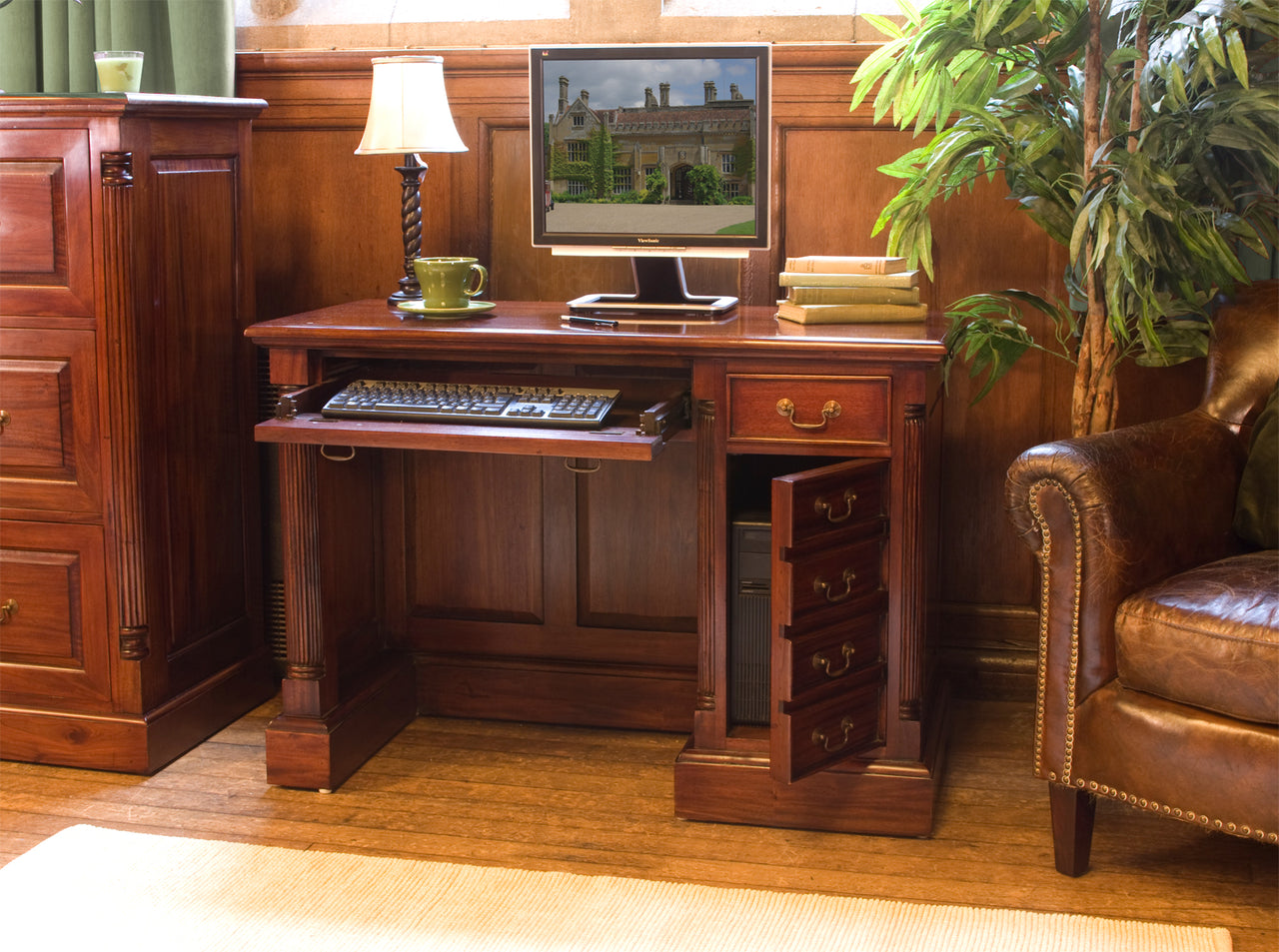 Mahogany Dark Wood Single Pedestal Computer Desk and Side Cupboard