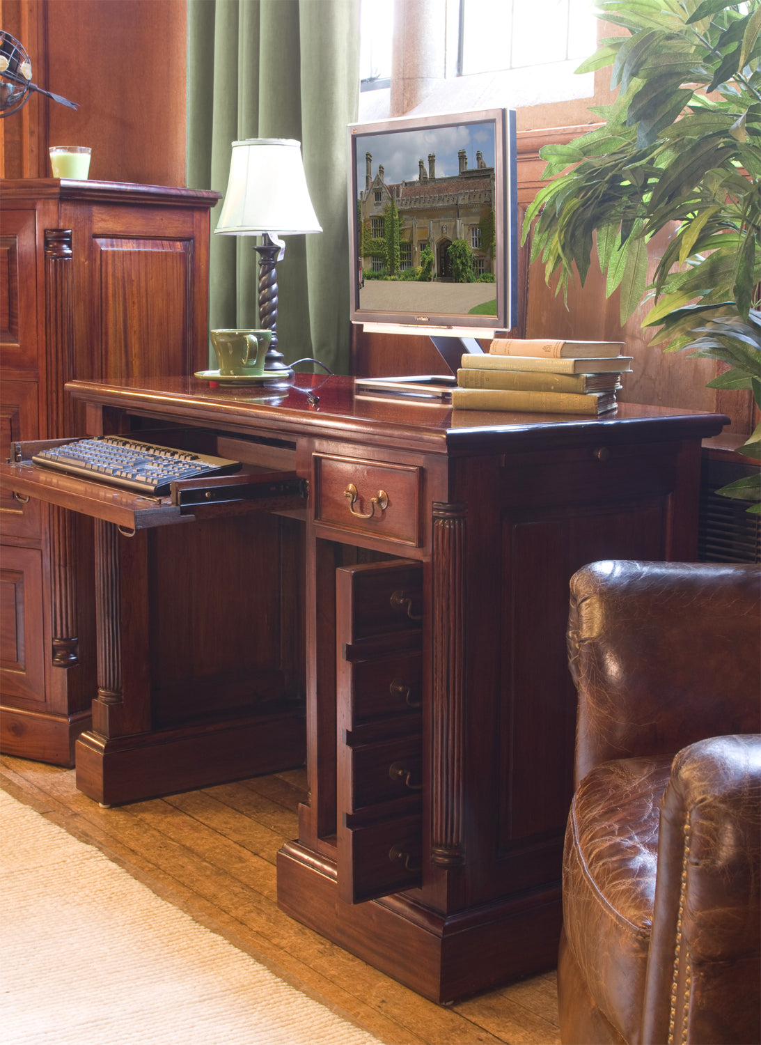 Mahogany Dark Wood Single Pedestal Computer Desk and Side Cupboard