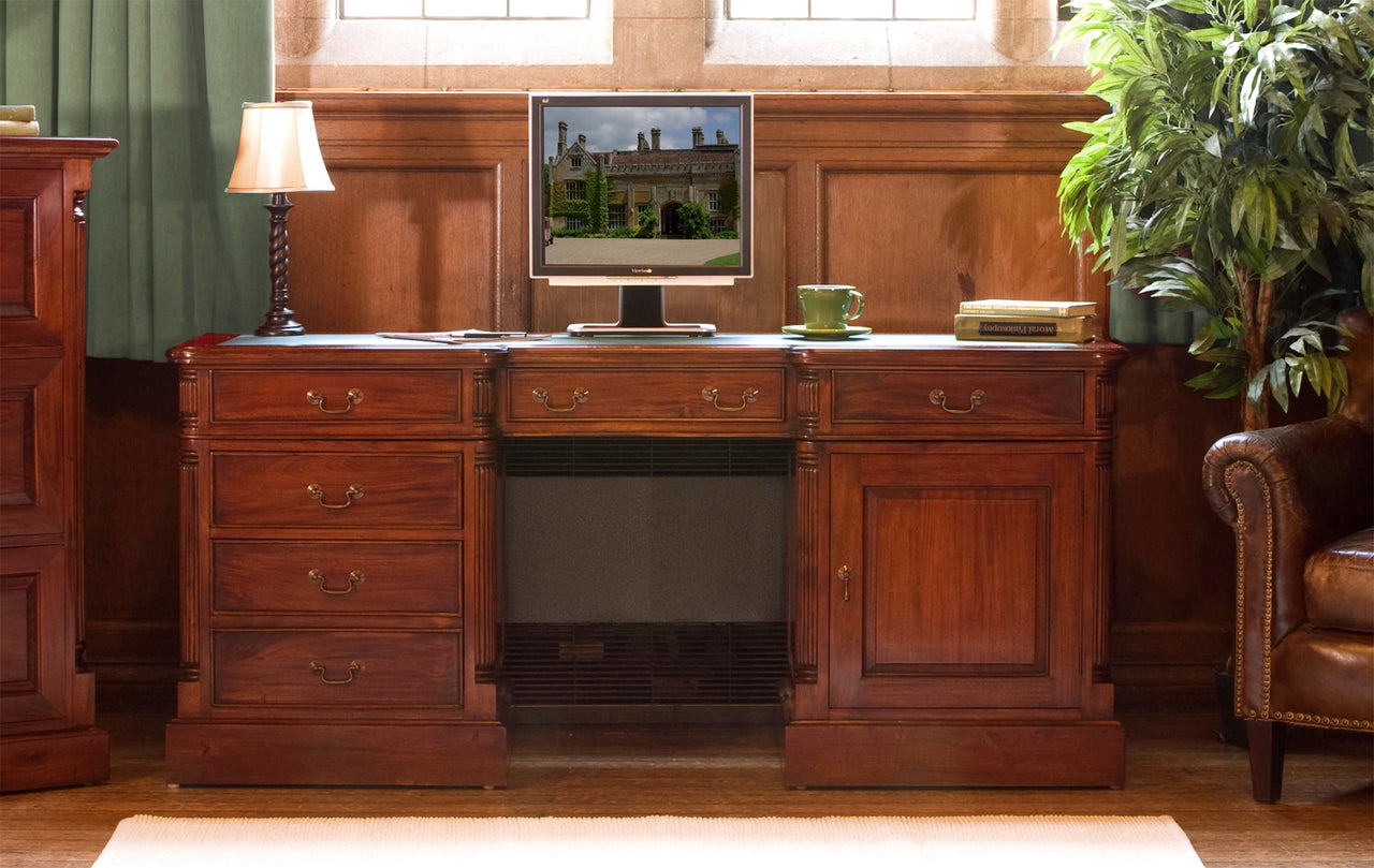 Mahogany Dark Wood Twin Pedestal Computer Desk