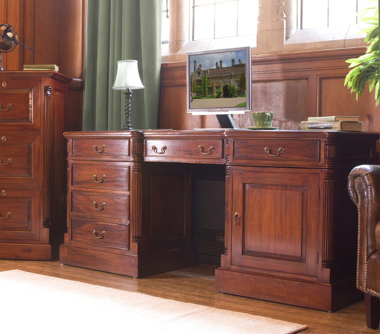 Mahogany Dark Wood Twin Pedestal Computer Desk