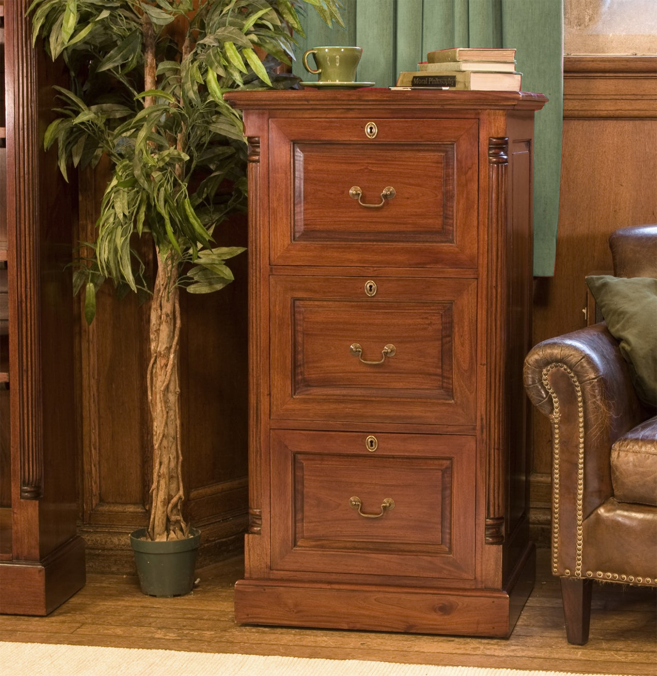 Mahogany 3 Drawer Office Filing Cabinet Traditional Dark Wood Finish