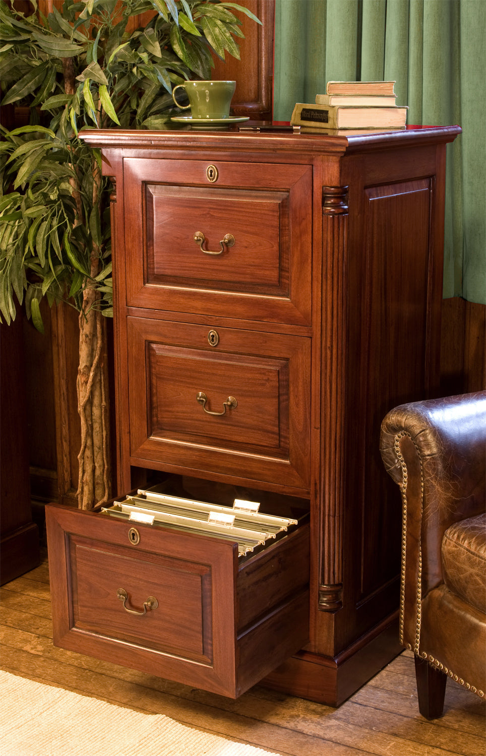 Mahogany 3 Drawer Office Filing Cabinet Traditional Dark Wood Finish