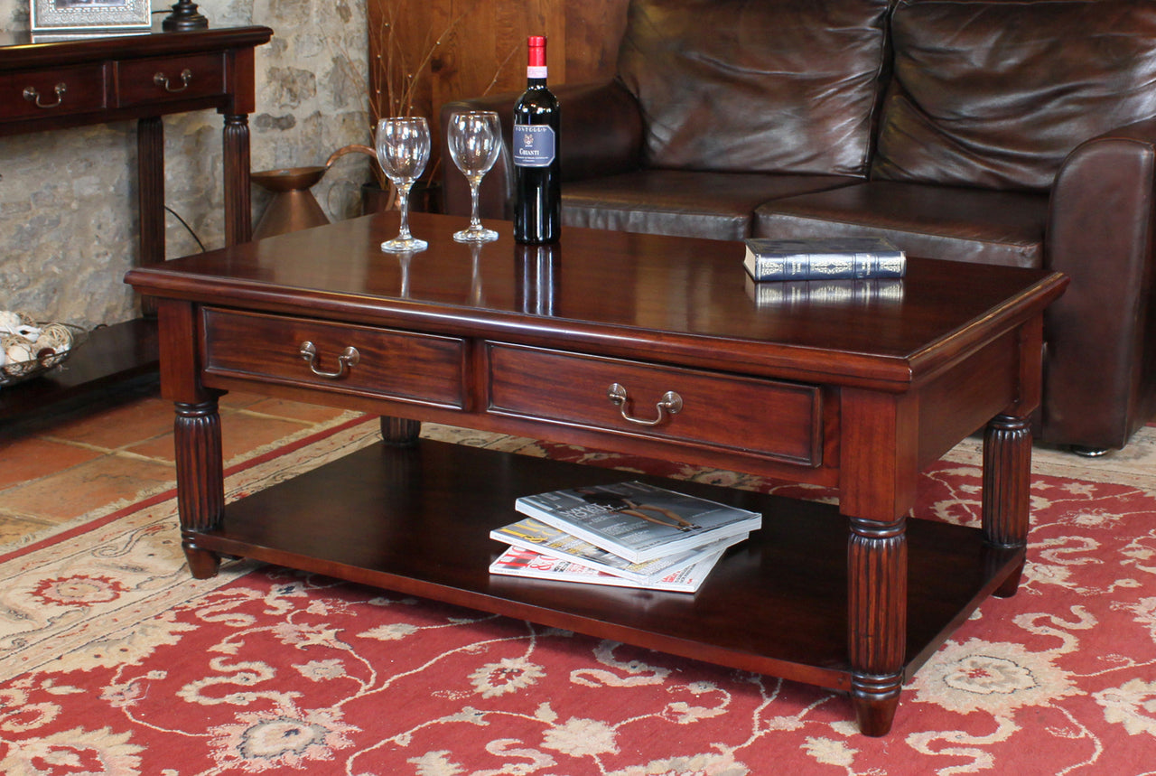 Mahogany Coffee Table With Drawers and Lower Shelf Traditional Dark Wood Finish