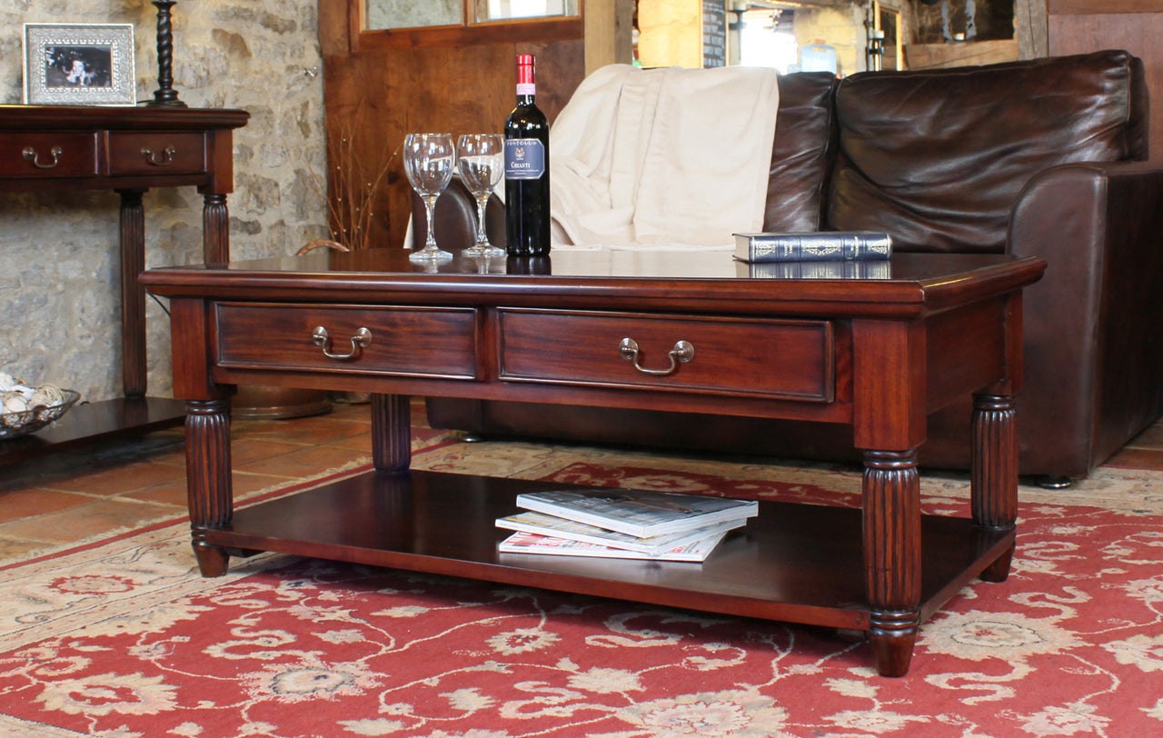 Mahogany Coffee Table With Drawers and Lower Shelf Traditional Dark Wood Finish