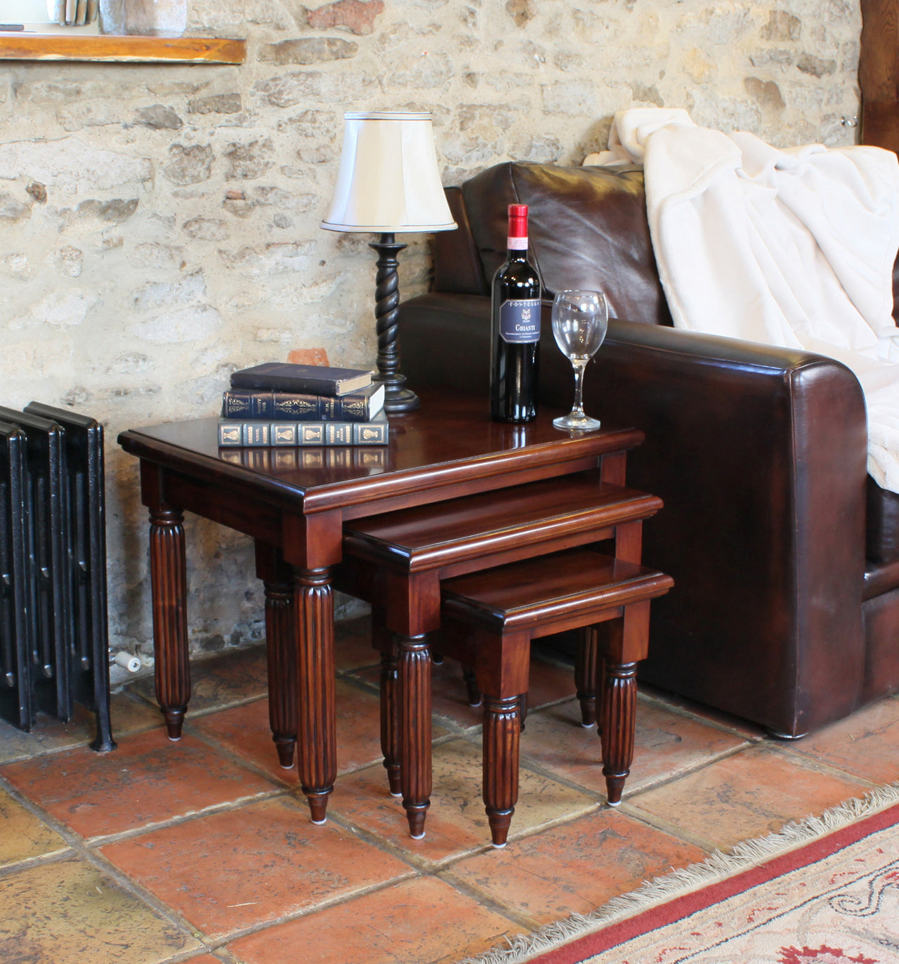 Mahogany Nest of 3 Tables Traditional Dark Wood Finish Fluted Legs