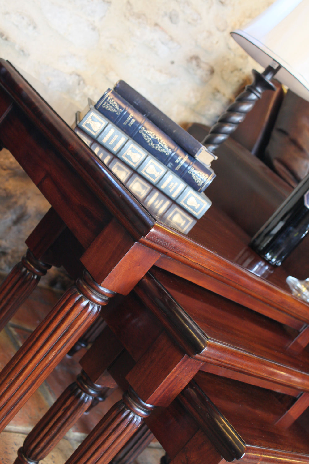 Mahogany Nest of 3 Tables Traditional Dark Wood Finish Fluted Legs