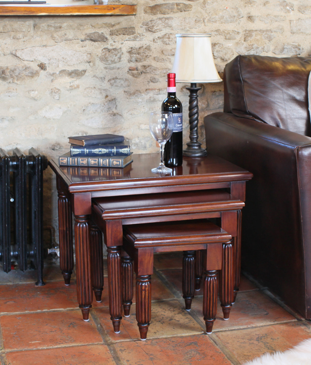 Mahogany Nest of 3 Tables Traditional Dark Wood Finish Fluted Legs