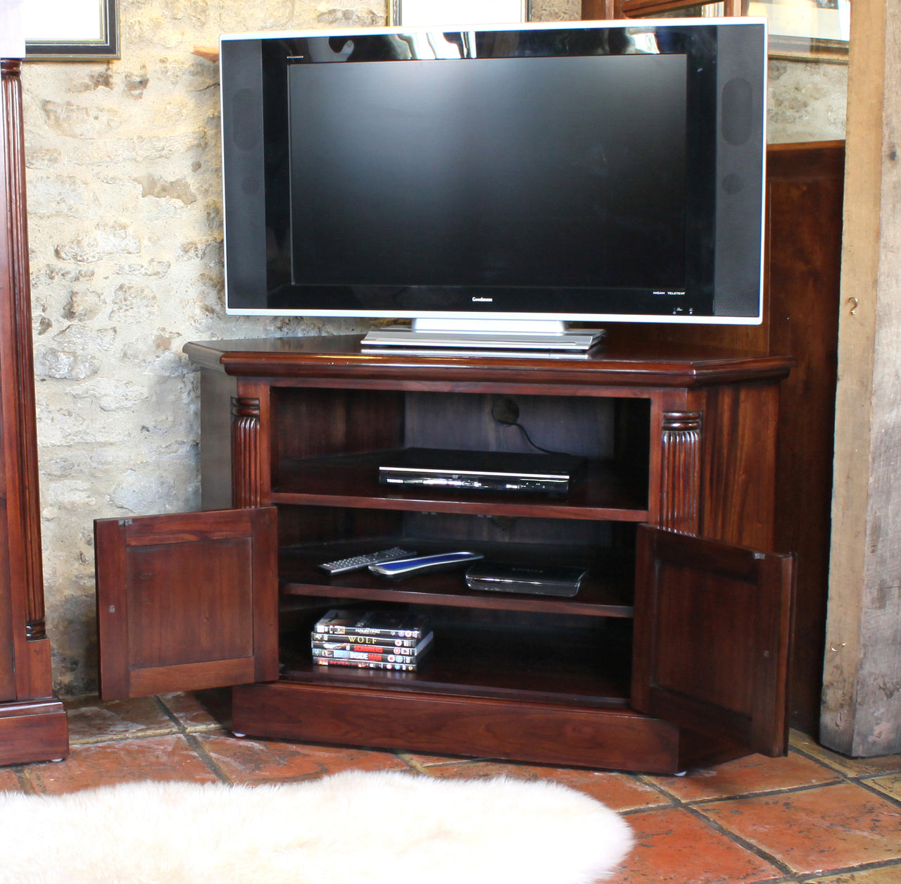 Mahogany Corner TV Cabinet Dark Wood Finish