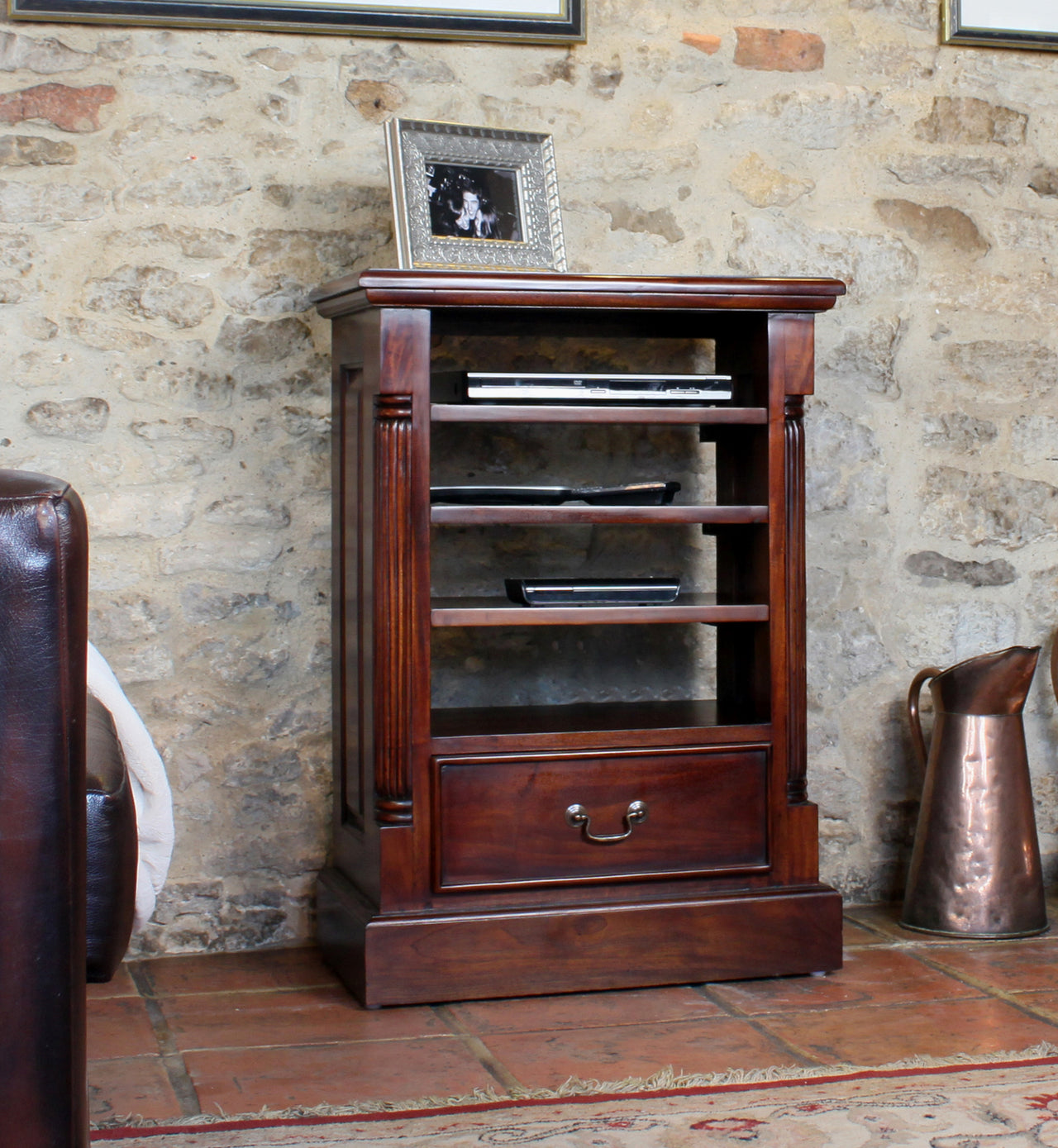 Hi Fi Media Unit Dark Wood Mahogany Open Shelf Cabinet 1 Drawer