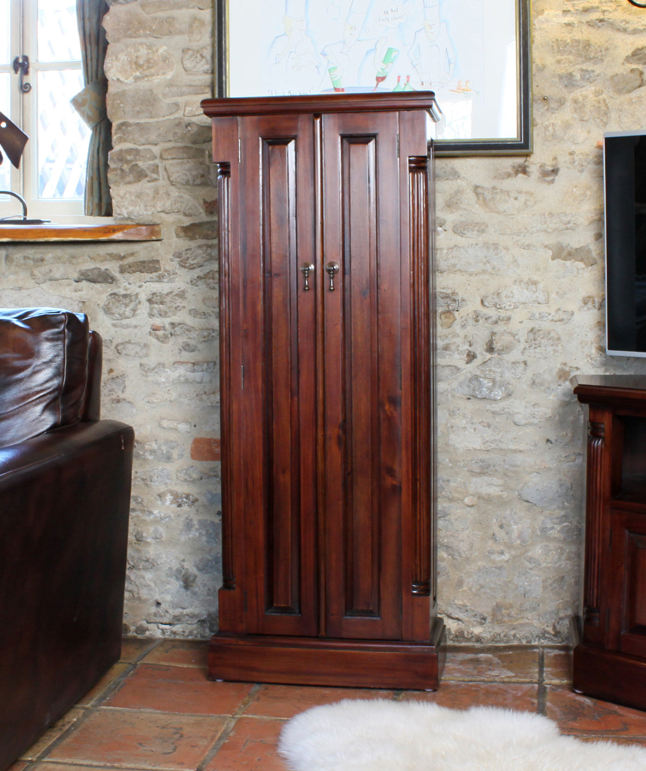 Mahogany Tall Slim CD DVD Storage Media Cupboard in Traditional Dark Wood Finish